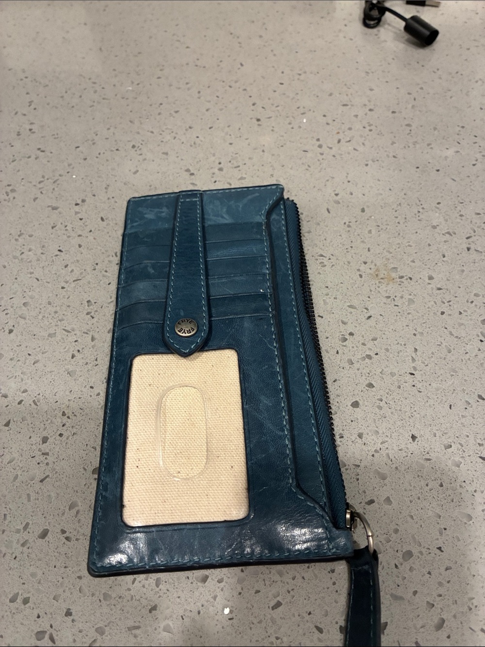 Frye Teal Leather Zip Card Holder with ID Window and Snap Strap